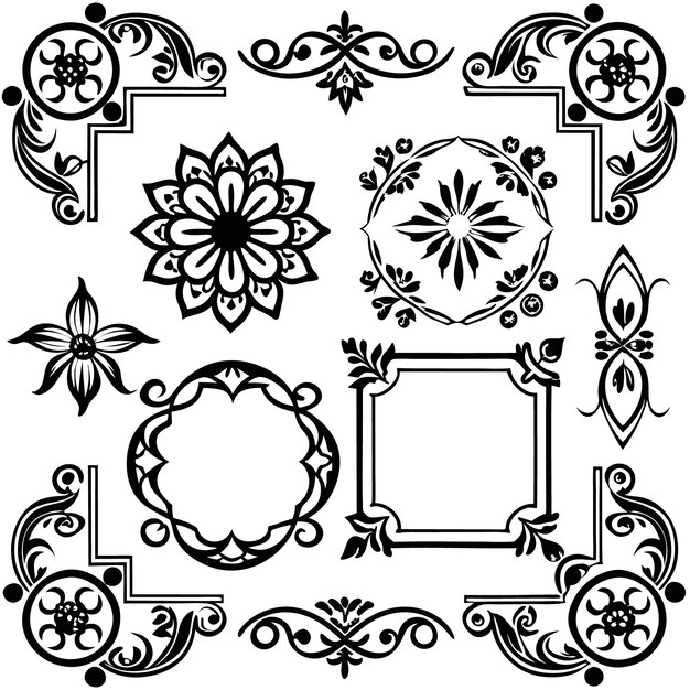 Un conjunto de elementos de diseño decorativos que incluyen piezas de esquina, marcos y adornos florales