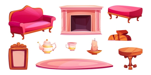 Vector gratuito conjunto de elementos de diseño interior de sala de estar victoriana aislados en fondo blanco ilustración de dibujos animados vectoriales de sofá rosa y taburete mesa de madera chimenea elegante taza de porcelana y tetera