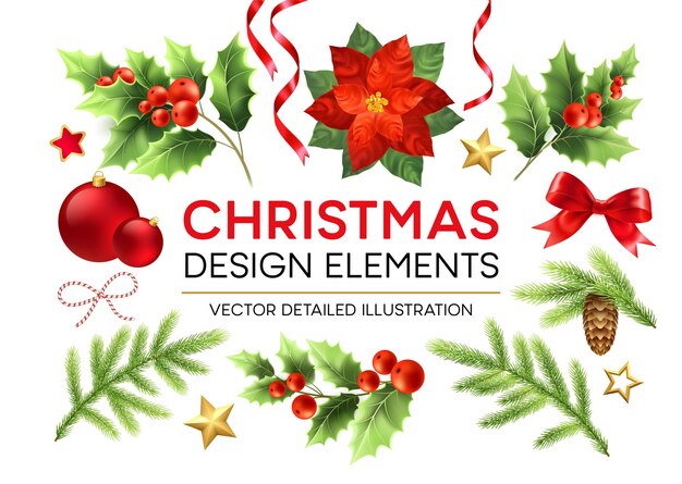 Conjunto de elementos de diseño de Navidad. Poinsettia, rama de abeto, ramitas de muérdago con bayas, elementos de diseño de piña. Decoraciones navideñas. Arco, cinta y bola de Navidad. Ilustración detallada de vector aislado
