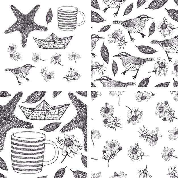Conjunto de elementos de diseño y patrones dibujados a mano con camomiles, pájaros y estrellas de mar
