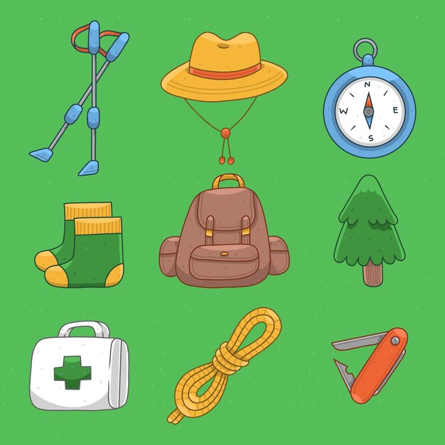 Conjunto de elementos de diseño plano para senderismo