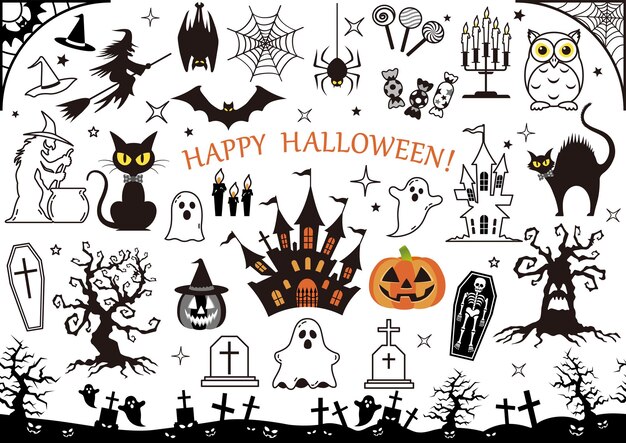 Conjunto de elementos de diseño vectorial de Halloween feliz aislado en un fondo blanco.