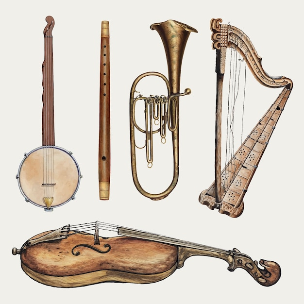 Conjunto de elementos de diseño vectorial de instrumentos musicales antiguos, remezclado de la colección de dominio público