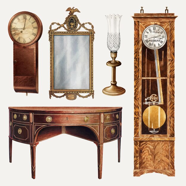 Conjunto de elementos de diseño vectorial de muebles y decoración antiguos, remezclado de la colección de dominio público