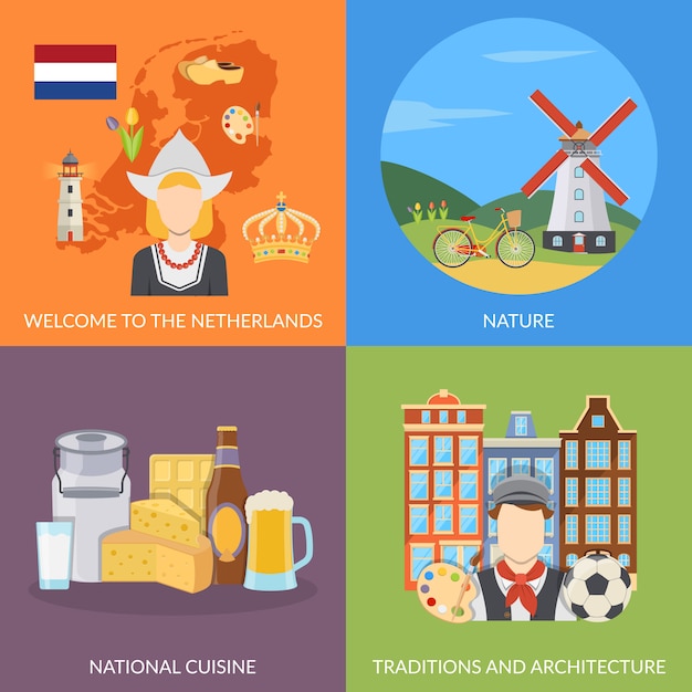 Vector gratuito conjunto de elementos y elementos planos de holanda