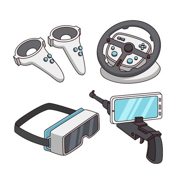 Conjunto de elementos de equipos de realidad virtual.