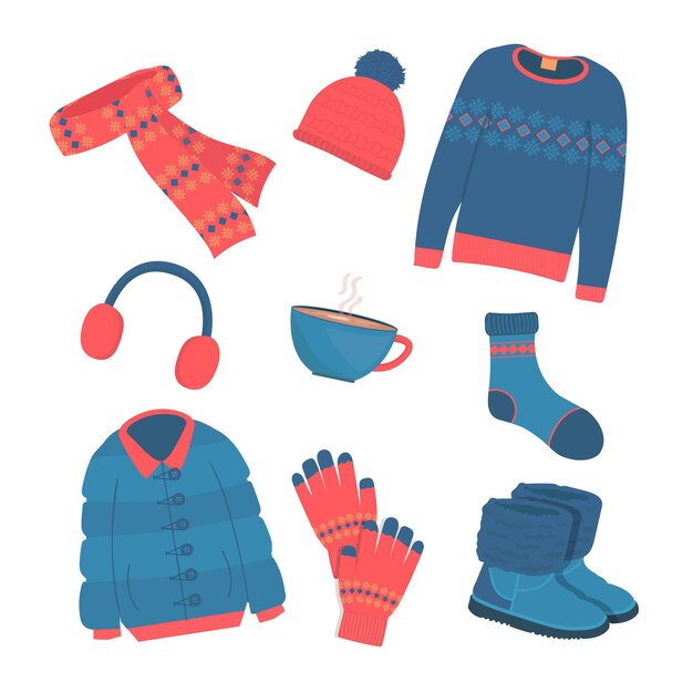 Conjunto de elementos esenciales y ropa de invierno acogedora dibujada