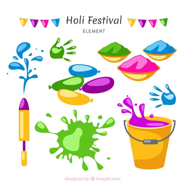 Conjunto de elementos para el festival de holi dibujados a mano
