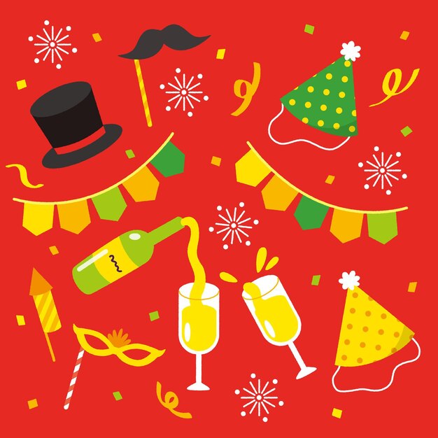 Conjunto de elementos de fiesta de año nuevo dibujados