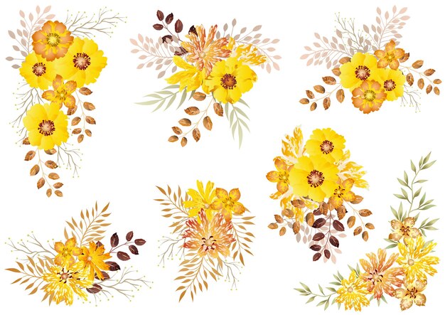 Conjunto de elementos florales acuarela amarillo aislado en blanco
