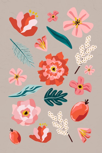 Vector gratuito conjunto de elementos de flores y hojas rosas sobre un fondo beige evctor