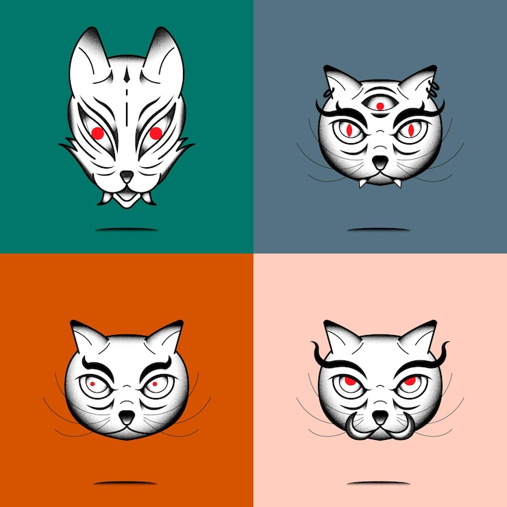 Vector gratuito conjunto de elementos de gato monstruo japonés bakeneko vector