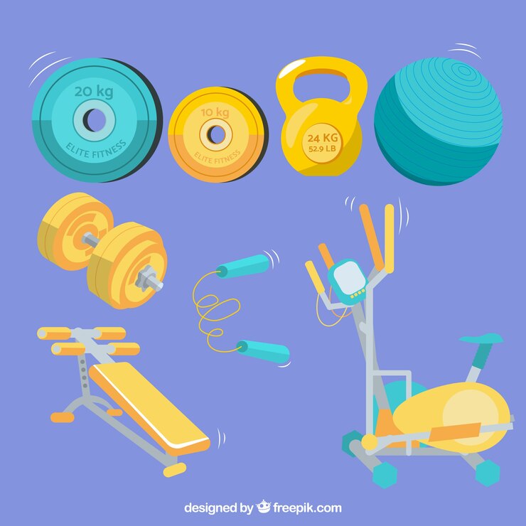 Vector gratuito conjunto de elementos de gimnasio con herramientas de ejercicios