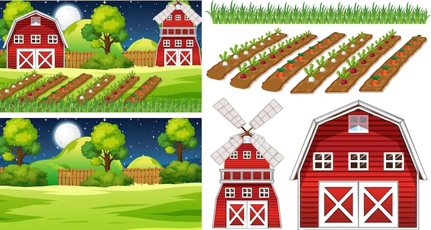 Conjunto de elementos de granja aislado con escena de granja