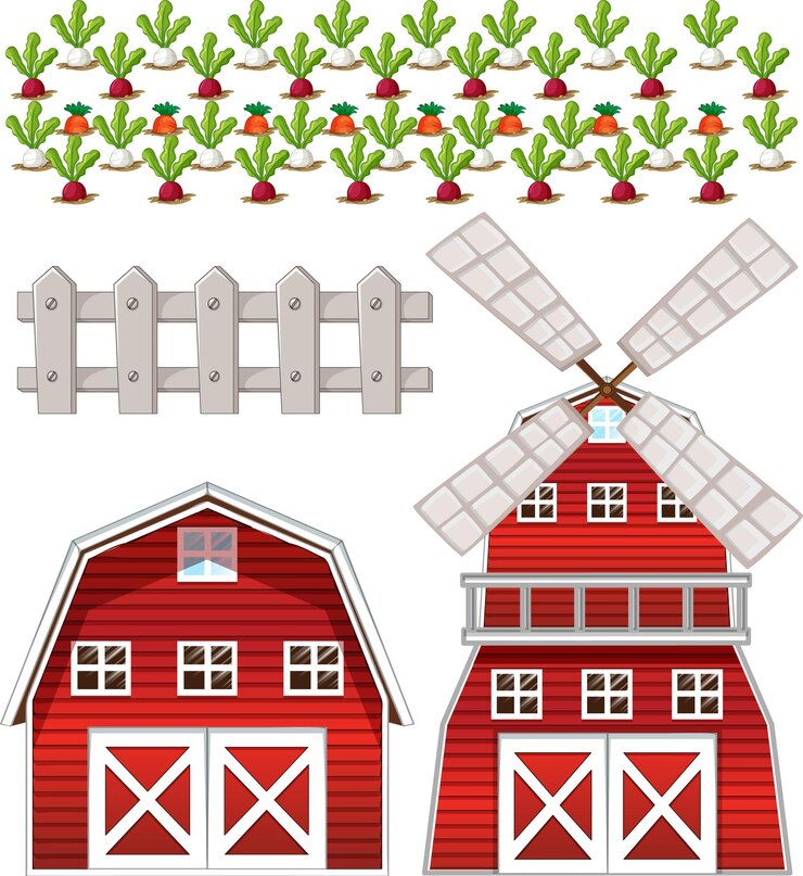 Vector gratuito conjunto de elementos de granja aislado sobre fondo blanco.