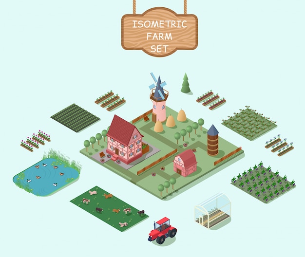 Vector gratuito conjunto de elementos de granja isométrica