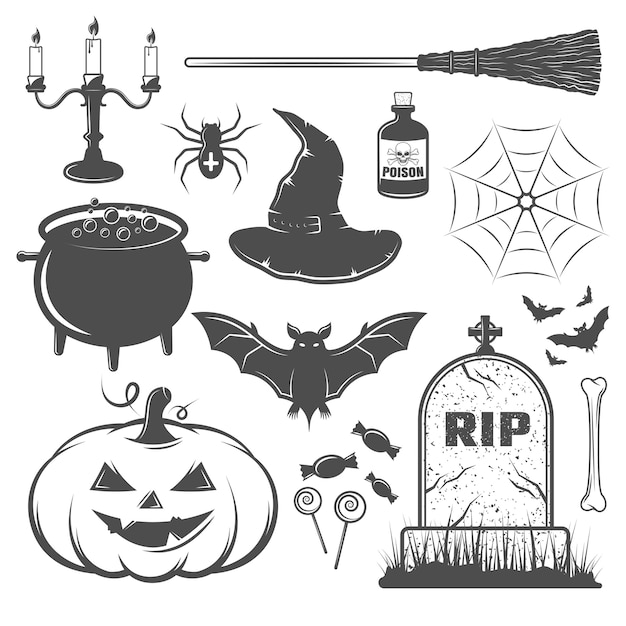 Conjunto de elementos de halloween en blanco y negro