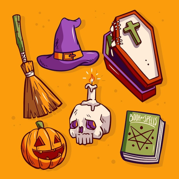 Vector gratuito conjunto de elementos de halloween dibujados a mano