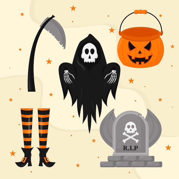 Vector gratuito conjunto de elementos de halloween de miedo de diseño plano