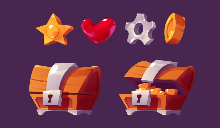 Vector gratuito conjunto de elementos de icono vectorial de juego de interfaz de usuario de oro y cofre paquete de interfaz de dibujos animados de casino con cerradura y caja de dinero abierta configuración de monedas y engranajes de estrella de corazón aplicación de computadora en línea de fantasía 2d objeto de botín aislado