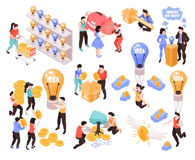 Conjunto de elementos de iconos isométricos de crowdfunding con las mejores ideas para invertir dinero proyectos startups símbolos de ganancias ilustración vectorial