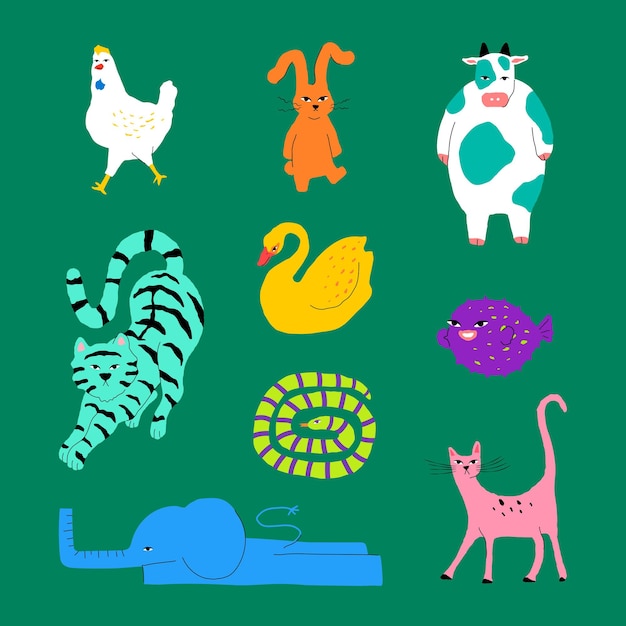 Vector gratuito conjunto de elementos de ilustraciones de animales coloridos