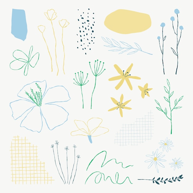 Conjunto de elementos de ilustraciones de doodle de hojas botánicas estéticas