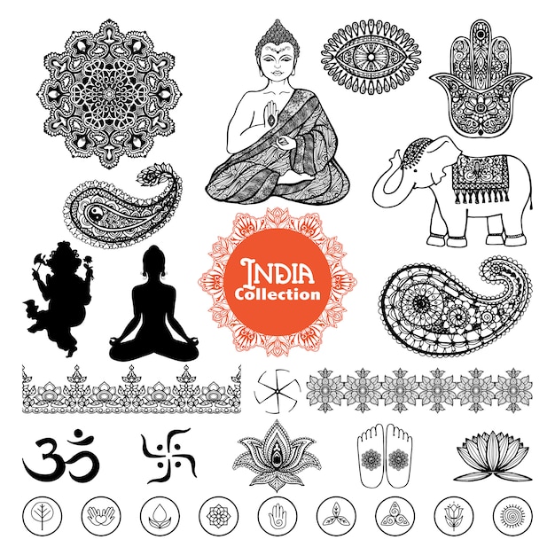 Conjunto de elementos de India dibujados a mano