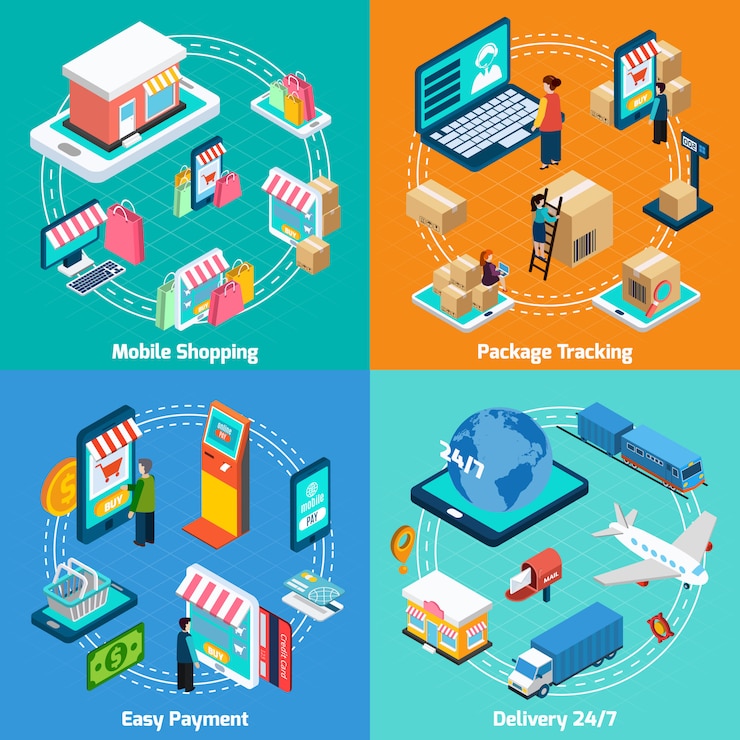 Vector gratuito conjunto de elementos isométricos de compras móviles