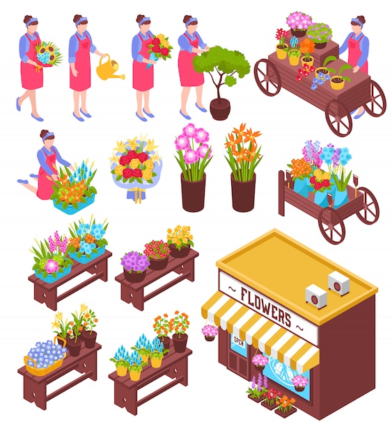 Vector gratuito conjunto de elementos isométricos de floristería