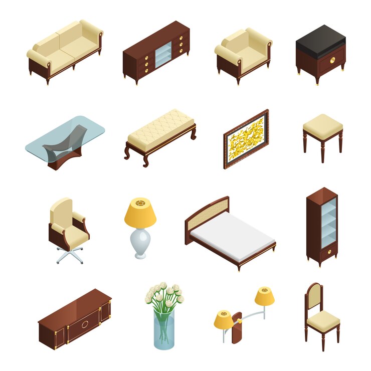 Vector gratuito conjunto de elementos isométricos interiores de lujo para dormitorio, sala de estar y estudio con muebles y decoración.
