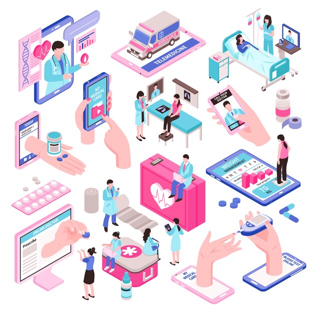 Conjunto de elementos isométricos de medicina en línea y salud digital