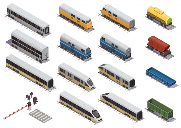 Conjunto de elementos isométricos del tren ferroviario con locomotora eléctrica vagón de mercancías abierto y vagón isométrico