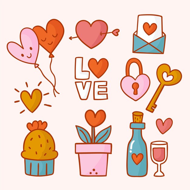 Conjunto de elementos lindo día de San Valentín dibujado a mano