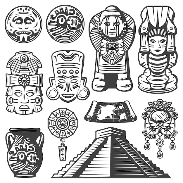 Conjunto de elementos mayas monocromáticos vintage