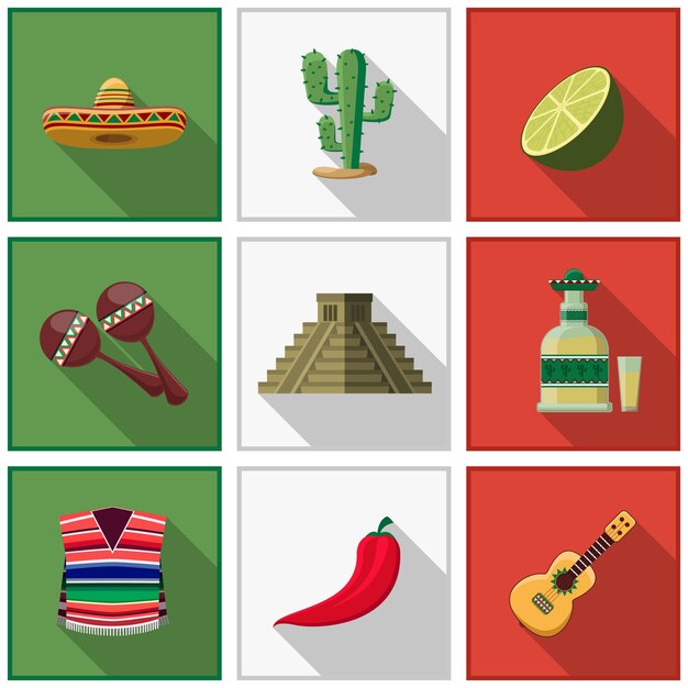 Conjunto de elementos de México, símbolos mexicanos. Cactus y ají, tequila y guitarra