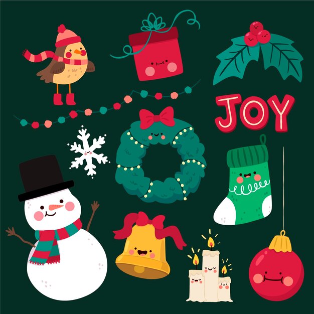 Conjunto de elementos de navidad de diseño plano