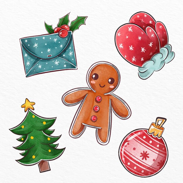 Conjunto de elementos navideños en acuarela