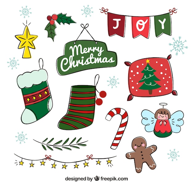 Conjunto de elementos navideños dibujados a mano