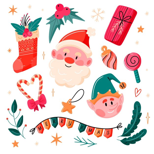 Conjunto de elementos navideños dibujados