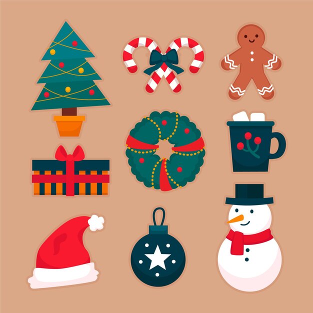 Conjunto de elementos navideños de diseño plano