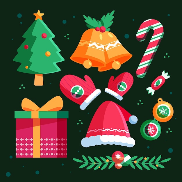 Vector gratuito conjunto de elementos navideños de diseño plano