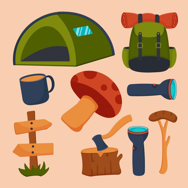 Conjunto de elementos de objeto para el concepto de camping.