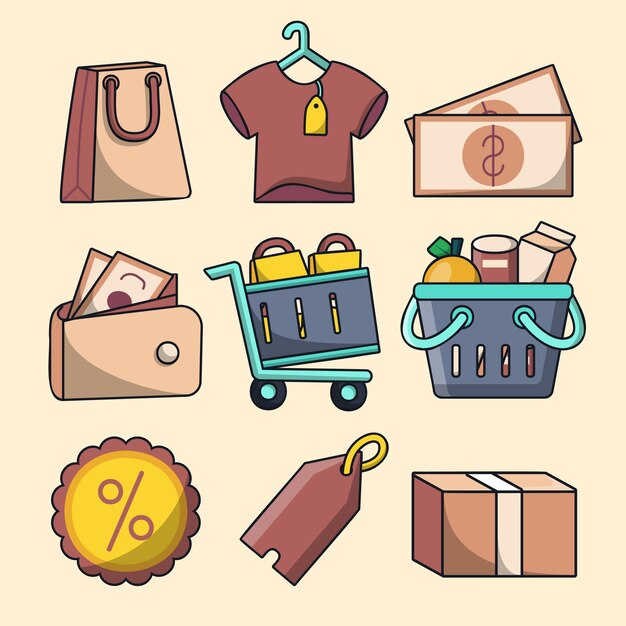 Conjunto de elementos de objeto para el concepto de compras