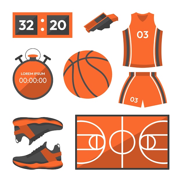 Conjunto de elementos de objeto de entrenamiento y competición de baloncesto.