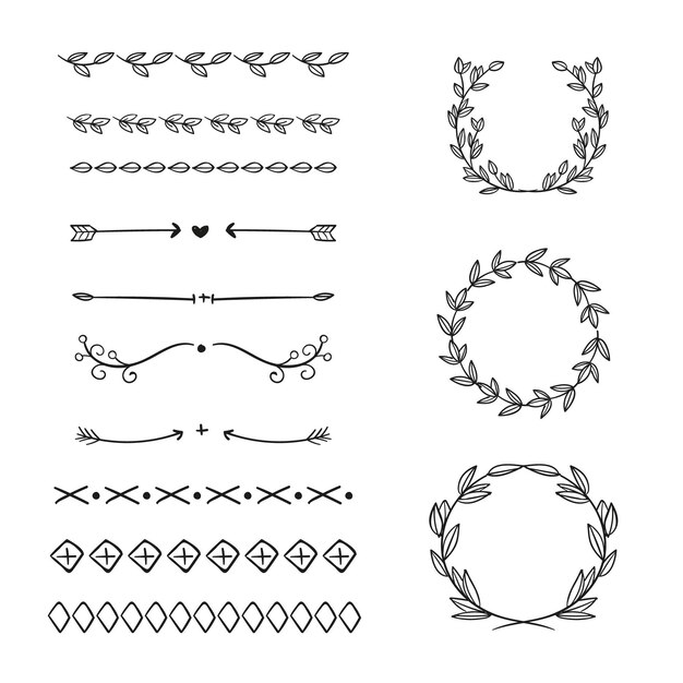 Conjunto de elementos ornamentales dibujados a mano