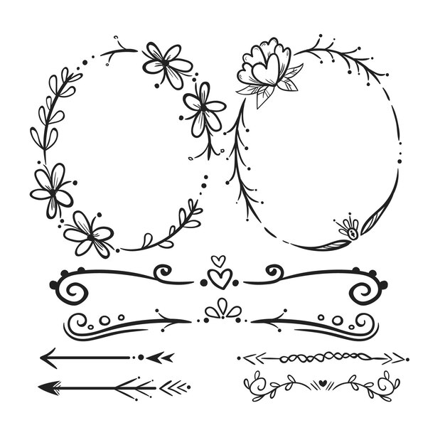 Conjunto de elementos ornamentales dibujados a mano