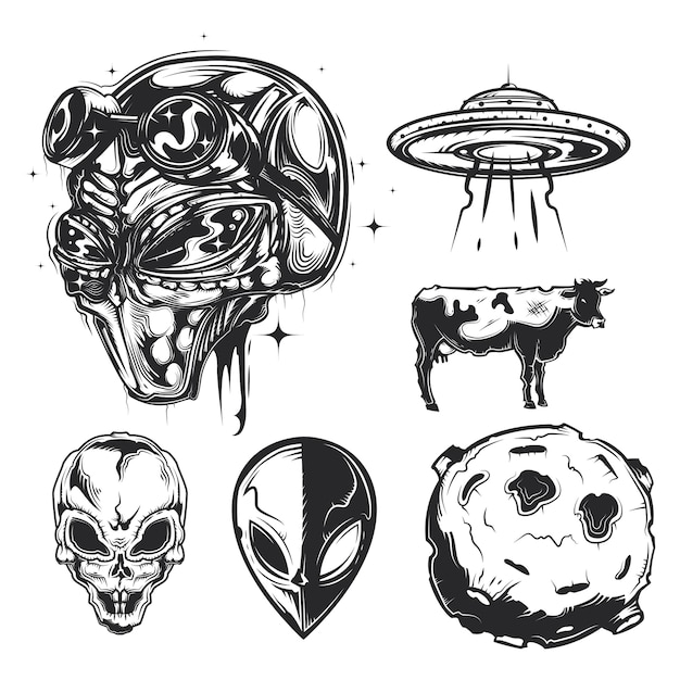 Conjunto de elementos OVNI (extraterrestres, platillo volador, planeta, etc.)