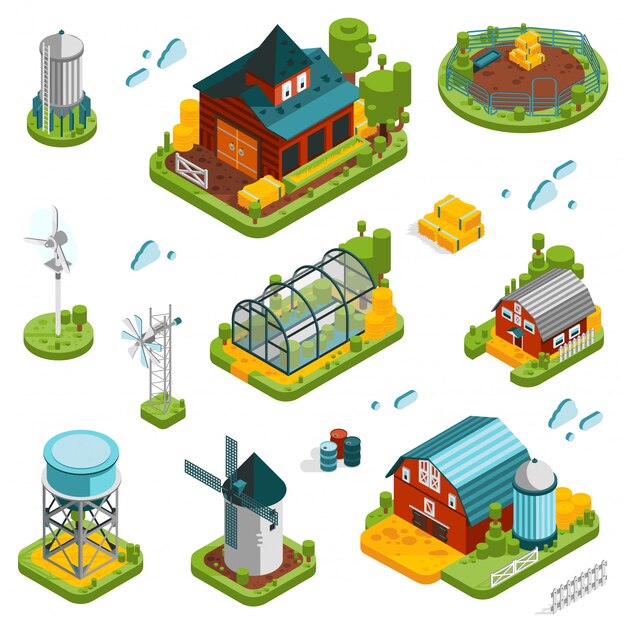 Conjunto de elementos de paisaje de granja