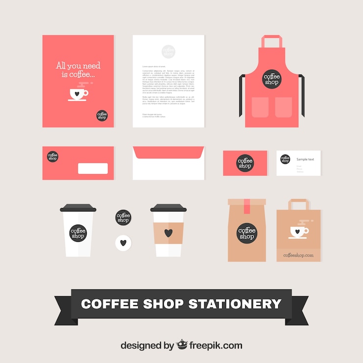 Vector gratuito conjunto de elementos de papelería para cafetería